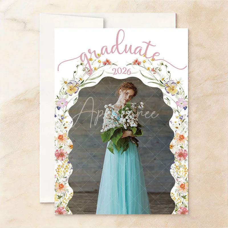 Aperturee - Aperturee Elegant Set of 20 Custom Class of 2026 Graduation Party Invitation Watercolor Floral Arch and Portrait Design