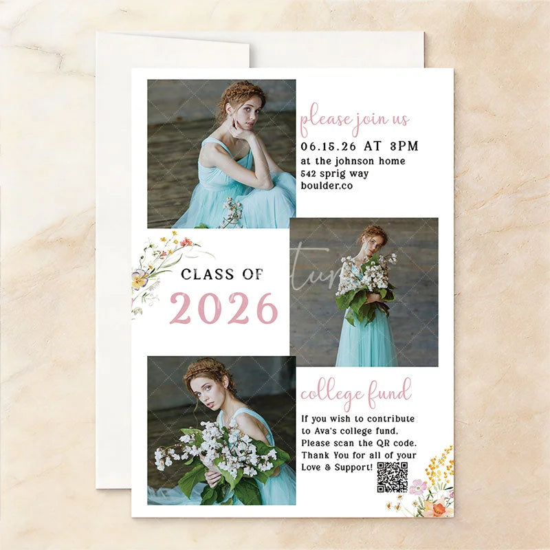 Aperturee - Aperturee Elegant Set of 20 Custom Class of 2026 Graduation Party Invitation Watercolor Floral Arch and Portrait Design