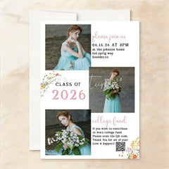 Aperturee - Aperturee Elegant Set of 20 Custom Class of 2026 Graduation Party Invitation Watercolor Floral Arch and Portrait Design