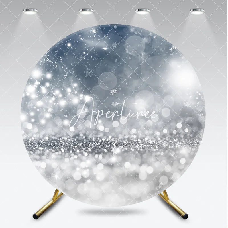 Aperturee - Aperturee Elegant Silver Glitter Snowflake Bokeh Round Backdrop Winter Wonderland Christmas Party Decor