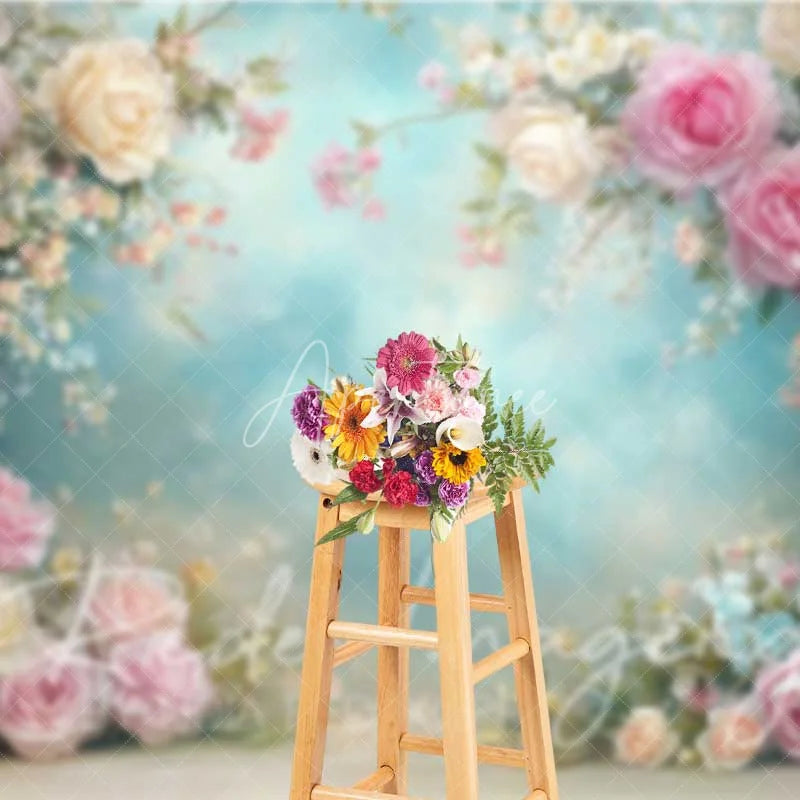 Aperturee - Aperturee Elegant Spring Floral Backdrop Pink and Cream Roses Light Blue Sky Photography Background for Wedding