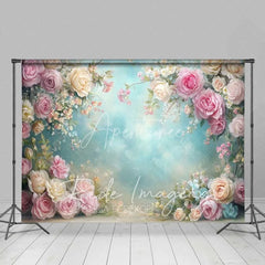 Aperturee - Aperturee Elegant Spring Floral Backdrop Pink and Cream Roses Light Blue Sky Photography Background for Wedding