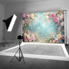 Aperturee - Aperturee Elegant Spring Floral Backdrop Pink and Cream Roses Light Blue Sky Photography Background for Wedding