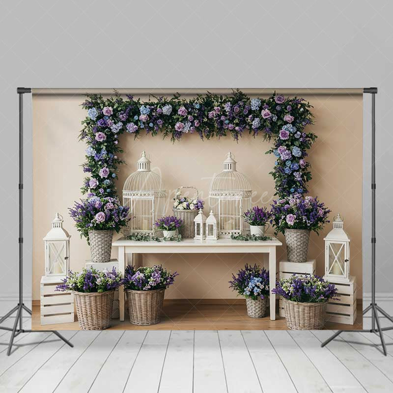 Aperturee Aperturee Elegant Spring Wedding Table Backdrop Purple and Blue Floral Frame with Birdcages Garden Party Photo Prop Decor