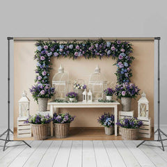 Aperturee Aperturee Elegant Spring Wedding Table Backdrop Purple and Blue Floral Frame with Birdcages Garden Party Photo Prop Decor