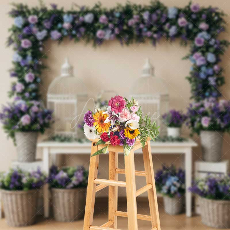 Aperturee Aperturee Elegant Spring Wedding Table Backdrop Purple and Blue Floral Frame with Birdcages Garden Party Photo Prop Decor