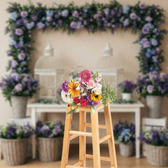 Aperturee Aperturee Elegant Spring Wedding Table Backdrop Purple and Blue Floral Frame with Birdcages Garden Party Photo Prop Decor