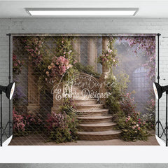 Aperturee - Aperturee Elegant Stone Staircase Photography Backdrop with Pink and Purple Flowers Lush Greenery Columns for Fairytale Garden.