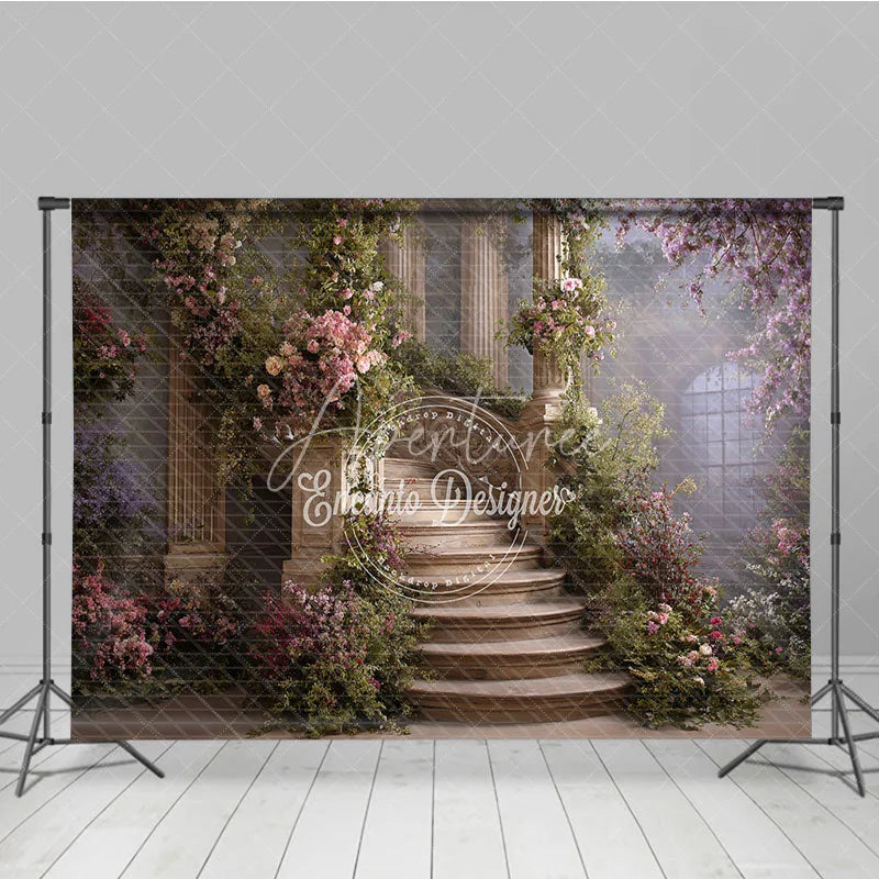 Aperturee - Aperturee Elegant Stone Staircase Photography Backdrop with Pink and Purple Flowers Lush Greenery Columns for Fairytale Garden.