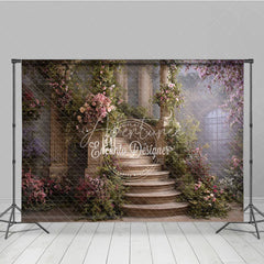 Aperturee - Aperturee Elegant Stone Staircase Photography Backdrop with Pink and Purple Flowers Lush Greenery Columns for Fairytale Garden.