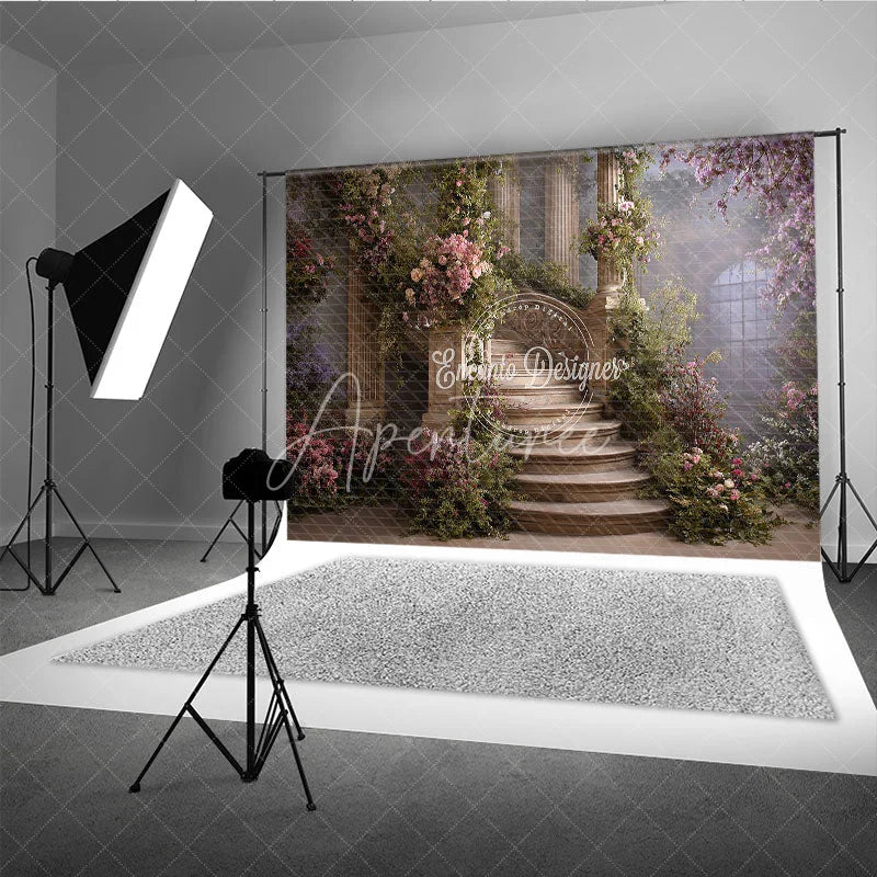 Aperturee - Aperturee Elegant Stone Staircase Photography Backdrop with Pink and Purple Flowers Lush Greenery Columns for Fairytale Garden.