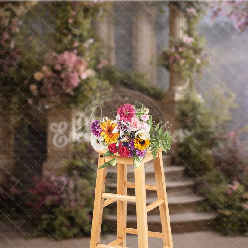 Aperturee - Aperturee Elegant Stone Staircase Photography Backdrop with Pink and Purple Flowers Lush Greenery Columns for Fairytale Garden.