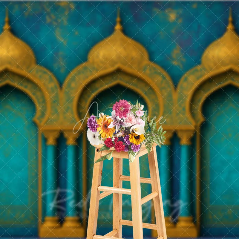 Aperturee - Aperturee Elegant Teal and Gold Moroccan Arches Photography Backdrop Exotic Arabian Palace Theme Textured Photo Studio Decor