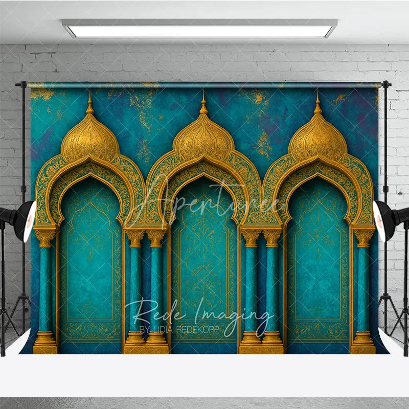 Aperturee - Aperturee Elegant Teal and Gold Moroccan Arches Photography Backdrop Exotic Arabian Palace Theme Textured Photo Studio Decor