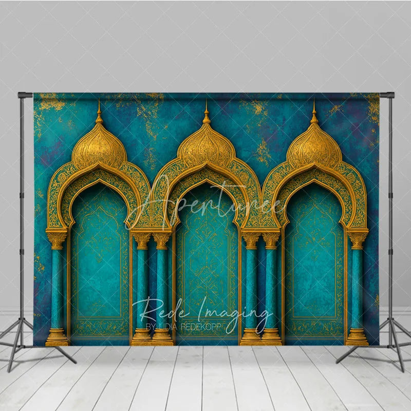 Aperturee - Aperturee Elegant Teal and Gold Moroccan Arches Photography Backdrop Exotic Arabian Palace Theme Textured Photo Studio Decor