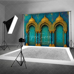 Aperturee - Aperturee Elegant Teal and Gold Moroccan Arches Photography Backdrop Exotic Arabian Palace Theme Textured Photo Studio Decor