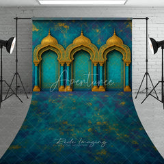 Aperturee - Aperturee Elegant Teal Blue and Gold Ornate Archways Sweep Backdrop Exotic Moroccan Palace Photography Background