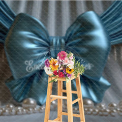 Aperturee - Aperturee Elegant Teal Satin Bow and Pearl Photography Backdrop Draped Curtain Baby Shower Decor