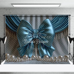 Aperturee - Aperturee Elegant Teal Satin Bow and Pearl Photography Backdrop Draped Curtain Baby Shower Decor