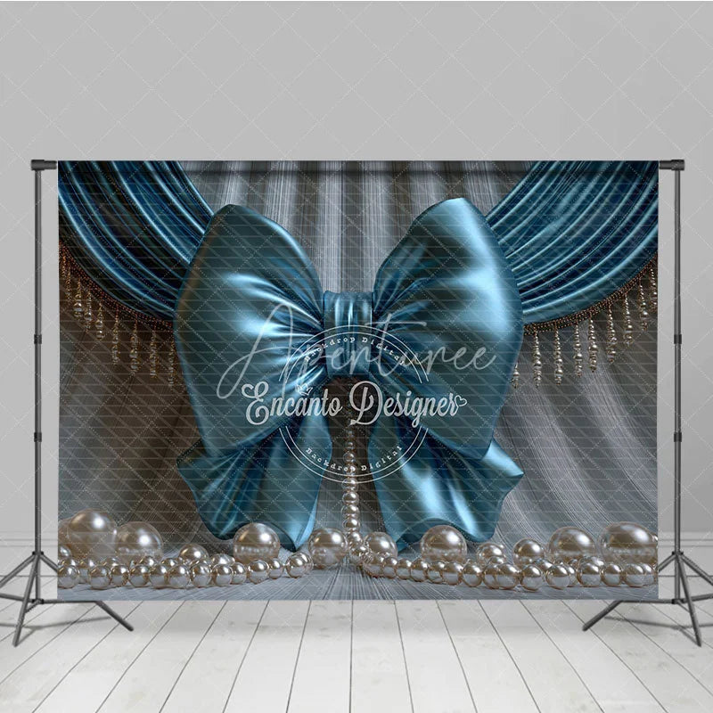 Aperturee - Aperturee Elegant Teal Satin Bow and Pearl Photography Backdrop Draped Curtain Baby Shower Decor
