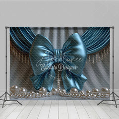 Aperturee - Aperturee Elegant Teal Satin Bow and Pearl Photography Backdrop Draped Curtain Baby Shower Decor