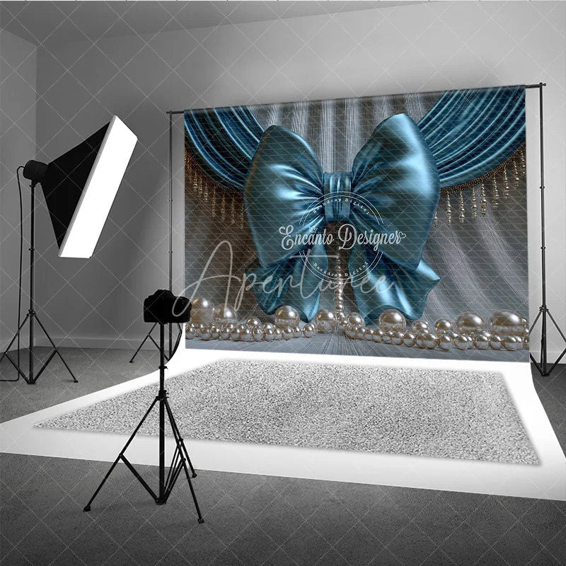 Aperturee - Aperturee Elegant Teal Satin Bow and Pearl Photography Backdrop Draped Curtain Baby Shower Decor