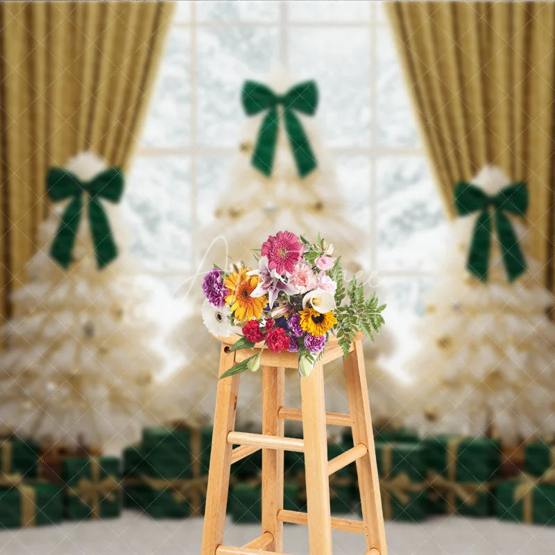 Aperturee - Aperturee Elegant Tulle Christmas Tree Photography Backdrop Green Bows and Gold Curtains Whimsical Holiday Photo Background