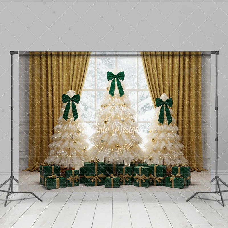 Aperturee - Aperturee Elegant Tulle Christmas Tree Photography Backdrop Green Bows and Gold Curtains Whimsical Holiday Photo Background