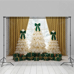 Aperturee - Aperturee Elegant Tulle Christmas Tree Photography Backdrop Green Bows and Gold Curtains Whimsical Holiday Photo Background