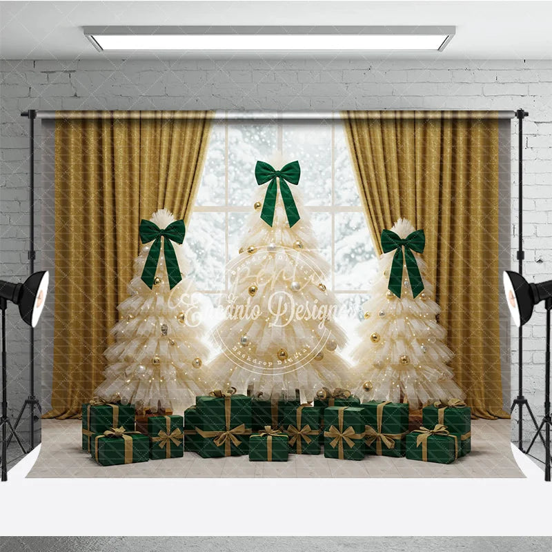 Aperturee - Aperturee Elegant Tulle Christmas Tree Photography Backdrop Green Bows and Gold Curtains Whimsical Holiday Photo Background