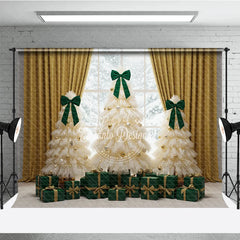 Aperturee - Aperturee Elegant Tulle Christmas Tree Photography Backdrop Green Bows and Gold Curtains Whimsical Holiday Photo Background