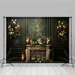 Aperturee - Aperturee Elegant Vintage Fireplace Photography Backdrop Dark Green Mural Wall with Candles Moody Romantic Photo Background