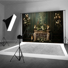 Aperturee - Aperturee Elegant Vintage Fireplace Photography Backdrop Dark Green Mural Wall with Candles Moody Romantic Photo Background