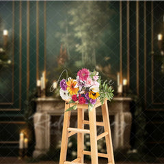 Aperturee - Aperturee Elegant Vintage Fireplace Photography Backdrop Dark Green Mural Wall with Candles Moody Romantic Photo Background