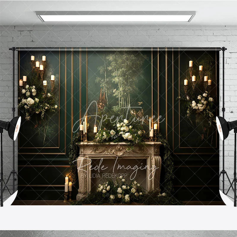 Aperturee - Aperturee Elegant Vintage Fireplace Photography Backdrop Dark Green Mural Wall with Candles Moody Romantic Photo Background