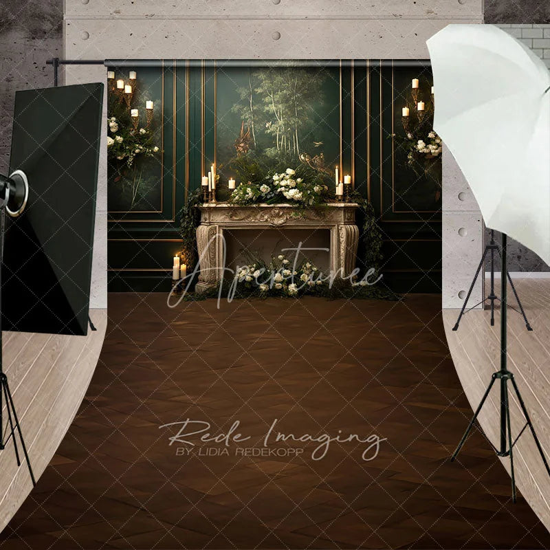 Aperturee - Aperturee Elegant Vintage Fireplace Sweep Backdrop Dark Green Mural Wall with Candles Moody Romantic Photo Floor Drop
