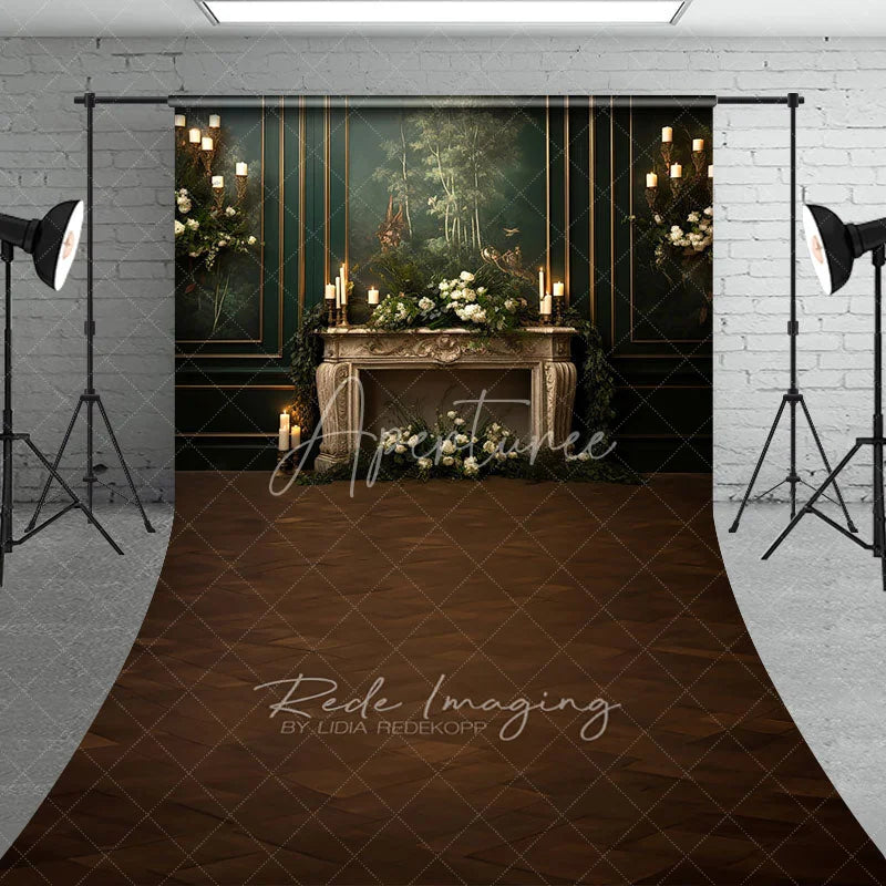 Aperturee - Aperturee Elegant Vintage Fireplace Sweep Backdrop Dark Green Mural Wall with Candles Moody Romantic Photo Floor Drop