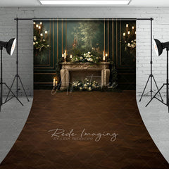 Aperturee - Aperturee Elegant Vintage Fireplace Sweep Backdrop Dark Green Mural Wall with Candles Moody Romantic Photo Floor Drop