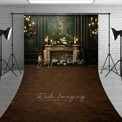 Aperturee - Aperturee Elegant Vintage Fireplace Sweep Backdrop Dark Green Mural Wall with Candles Moody Romantic Photo Floor Drop