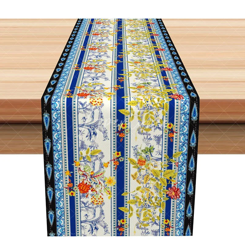 Aperturee - Aperturee Elegant Vintage Floral Table Runner Blue and Yellow Paisley Border for Farmhouse and Traditional Dining