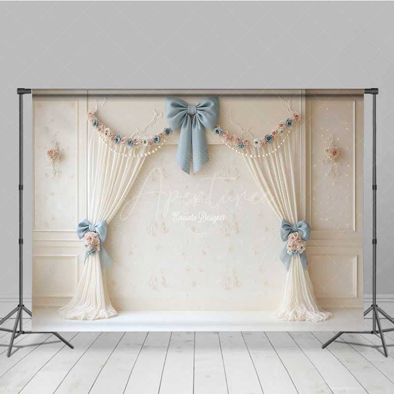 Aperturee - Aperturee Elegant Vintage Wedding Photography Backdrop Cream Curtains with Blue Bows Classic and Romantic Studio Prop
