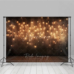 Aperturee - Aperturee Elegant Warm Glow Hanging Light Bulbs Photography Backdrop Dark Textured Wall with Wooden Floor