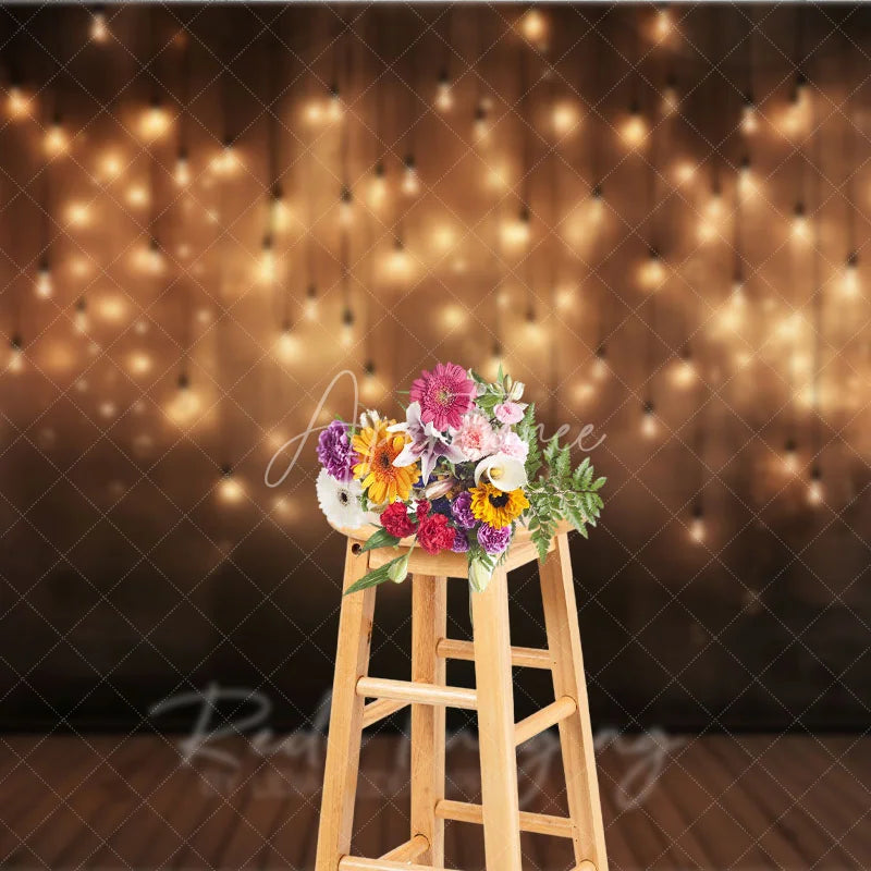 Aperturee - Aperturee Elegant Warm Glow Hanging Light Bulbs Photography Backdrop Dark Textured Wall with Wooden Floor
