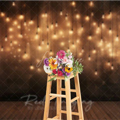 Aperturee - Aperturee Elegant Warm Glow Hanging Light Bulbs Photography Backdrop Dark Textured Wall with Wooden Floor