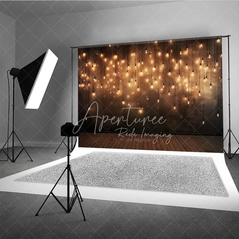 Aperturee - Aperturee Elegant Warm Glow Hanging Light Bulbs Photography Backdrop Dark Textured Wall with Wooden Floor