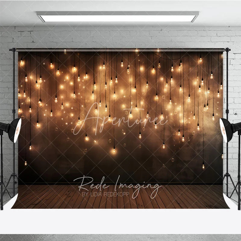 Aperturee - Aperturee Elegant Warm Glow Hanging Light Bulbs Photography Backdrop Dark Textured Wall with Wooden Floor