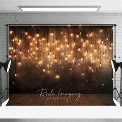 Aperturee - Aperturee Elegant Warm Glow Hanging Light Bulbs Photography Backdrop Dark Textured Wall with Wooden Floor