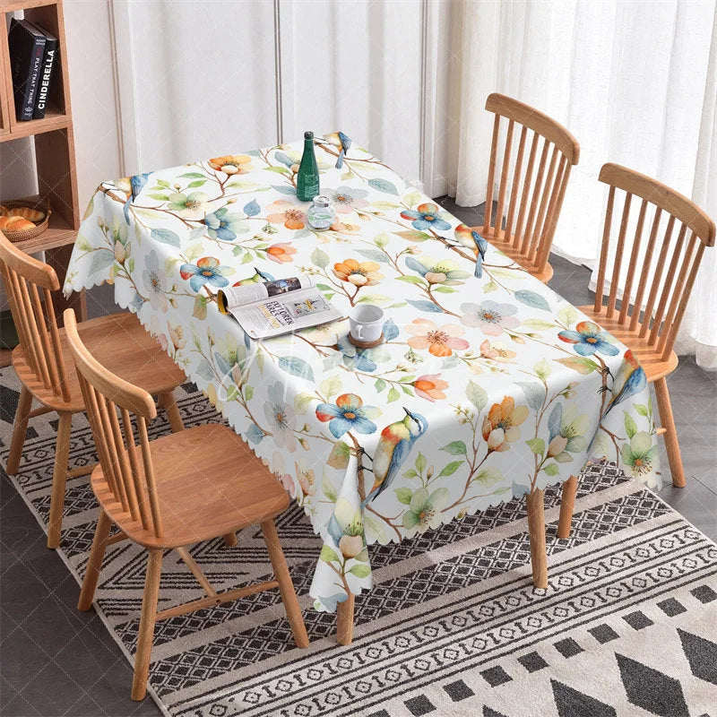 Aperturee - Aperturee Elegant Watercolor Bird and Blossom Rectangle Tablecloth Nature Inspired Scalloped Edge Decor