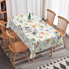 Aperturee - Aperturee Elegant Watercolor Bird and Blossom Rectangle Tablecloth Nature Inspired Scalloped Edge Decor