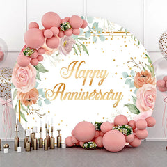 Aperturee - Aperturee Elegant Watercolor Happy Anniversary Round Backdrop featuring Pink Peach Roses and Golden Glitter Sprinkles.